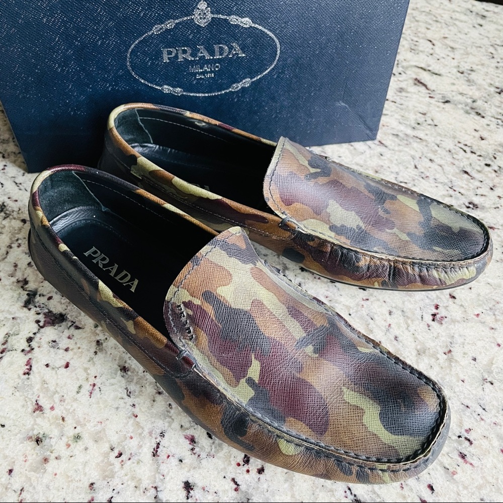 RUNWAY PRADA GREEN CAMO PRINT LEATHER CAMOUFLAGE SLOAFERS MENS SHOES (No Box) - Picture 2 of 7